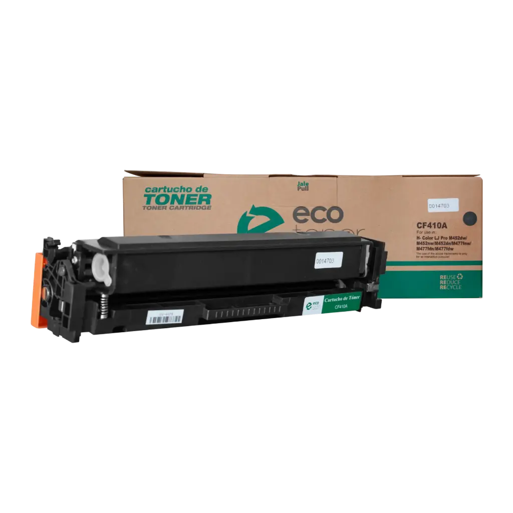 Cartucho de Tóner marca ECO-TONER para impresoras Hewlett Packard LJ PRO M452 MFP477, código CF410A, Negro, rendimiento para 2300 páginas