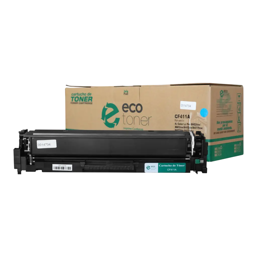 Cartucho de Tóner marca ECO-TONER para impresoras Hewlett Packard LJ PRO M452, MFP477, código CF411A, Cian, rendimiento para 2300 páginas