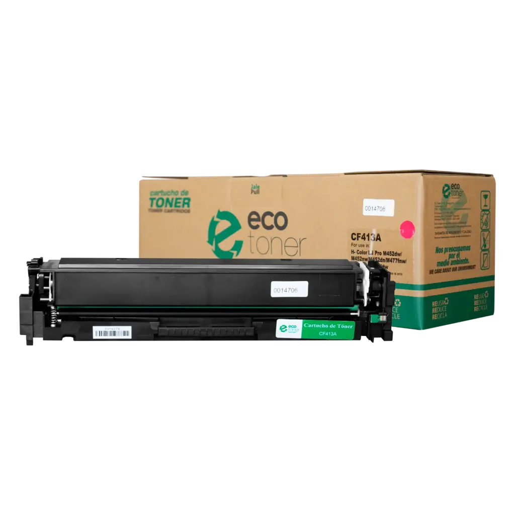 Cartucho de Tóner marca ECO-TONER para impresoras Helwett Packard LJ PRO M452, MFP477, código CF413A, Magenta, rendimiento para 2300 páginas