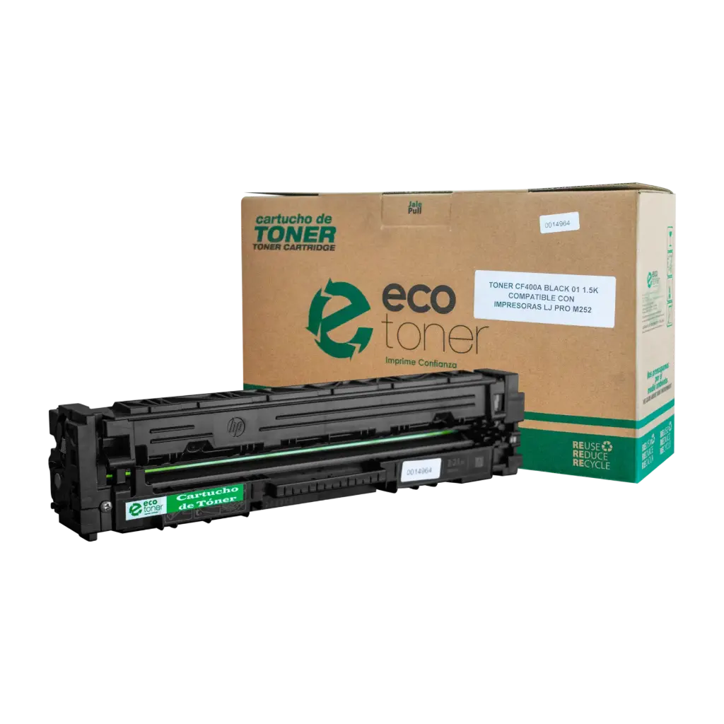 Cartucho de Tóner marca ECO-TONER compatible con impresoras Hewlett Packard LJ M252, MFP M277, código CF400A, Negro, rendimiento para 1500 Págs.