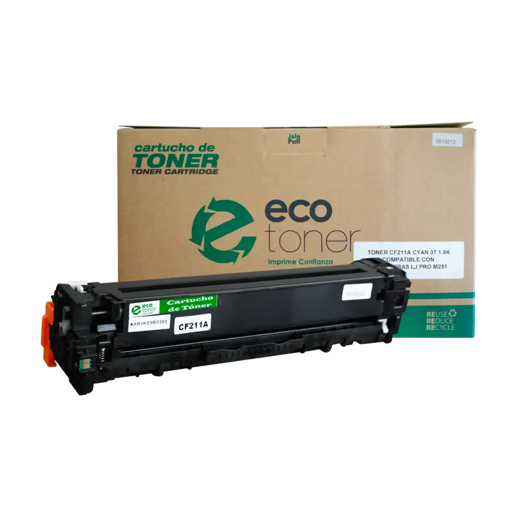 Cartucho de Tóner marca ECO-TONER para impresoras Hewlett Packard LJ 131, M251, M276,  código CF211A, Cian, rendimiento para 1800 páginas