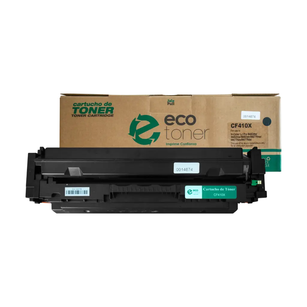 Cartucho de Tóner marca ECO-TONER para impresoras Helwett Packard LJ PRO M452, MFP477, código CF410x, Negro, rendimiento para 6500 páginas 