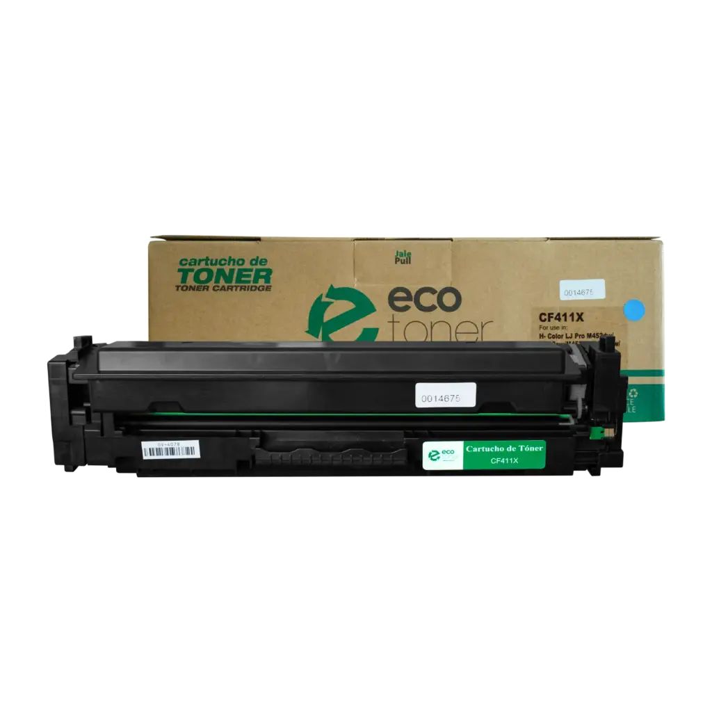 Cartucho de Tóner marca ECO-TONER para impresoras Hewlett Packard LJ PRO M452, MFP477, código CF411x, Cian, rendimiento para 5000 páginas  