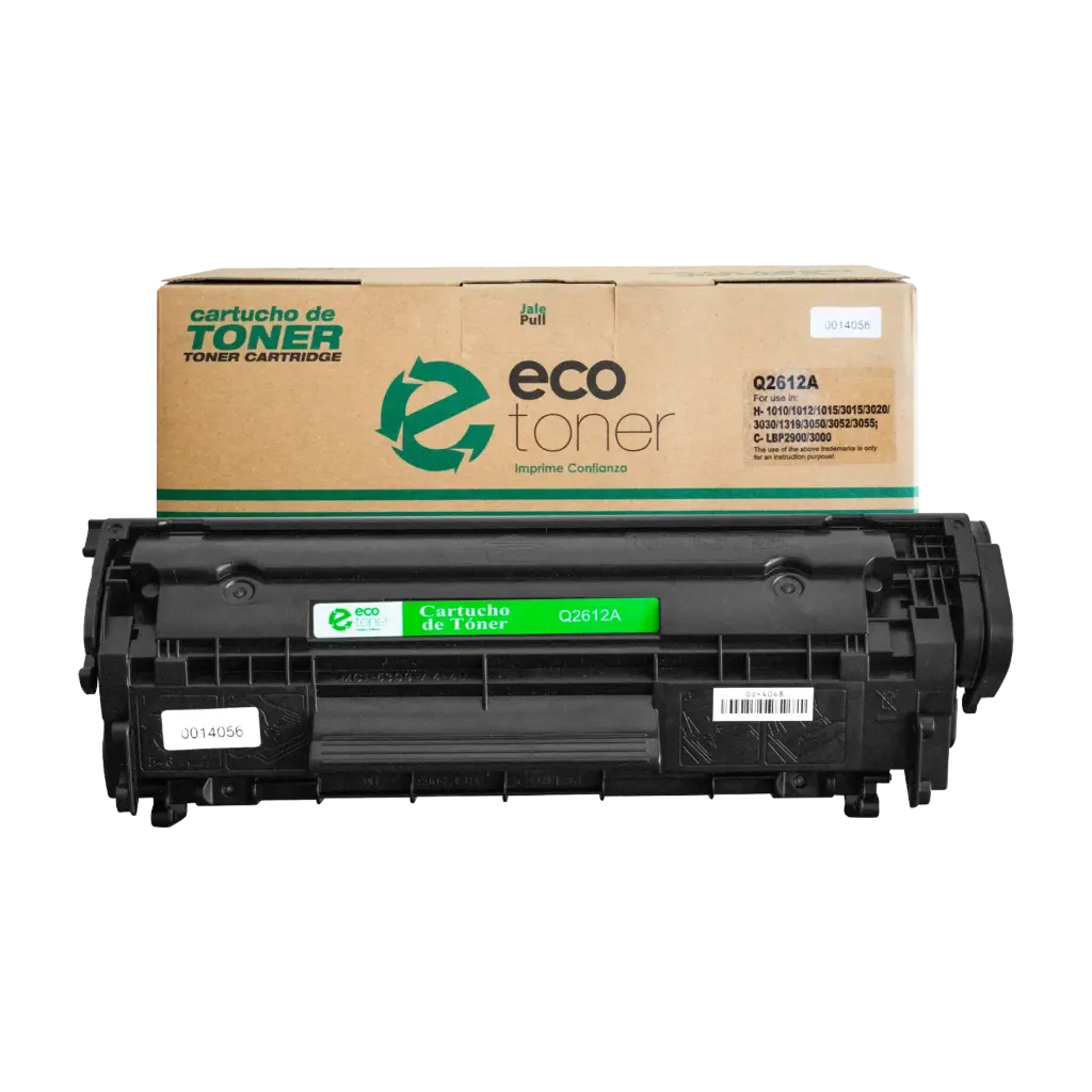Cartucho de Tóner marca ECO-TONER para impresoras Hewlett Packard 1010, 1012, 1015, 1020, 1022, 3055 M1319 MFP  código Q2612A, Negro, Rendimiento para 2000 Págs.