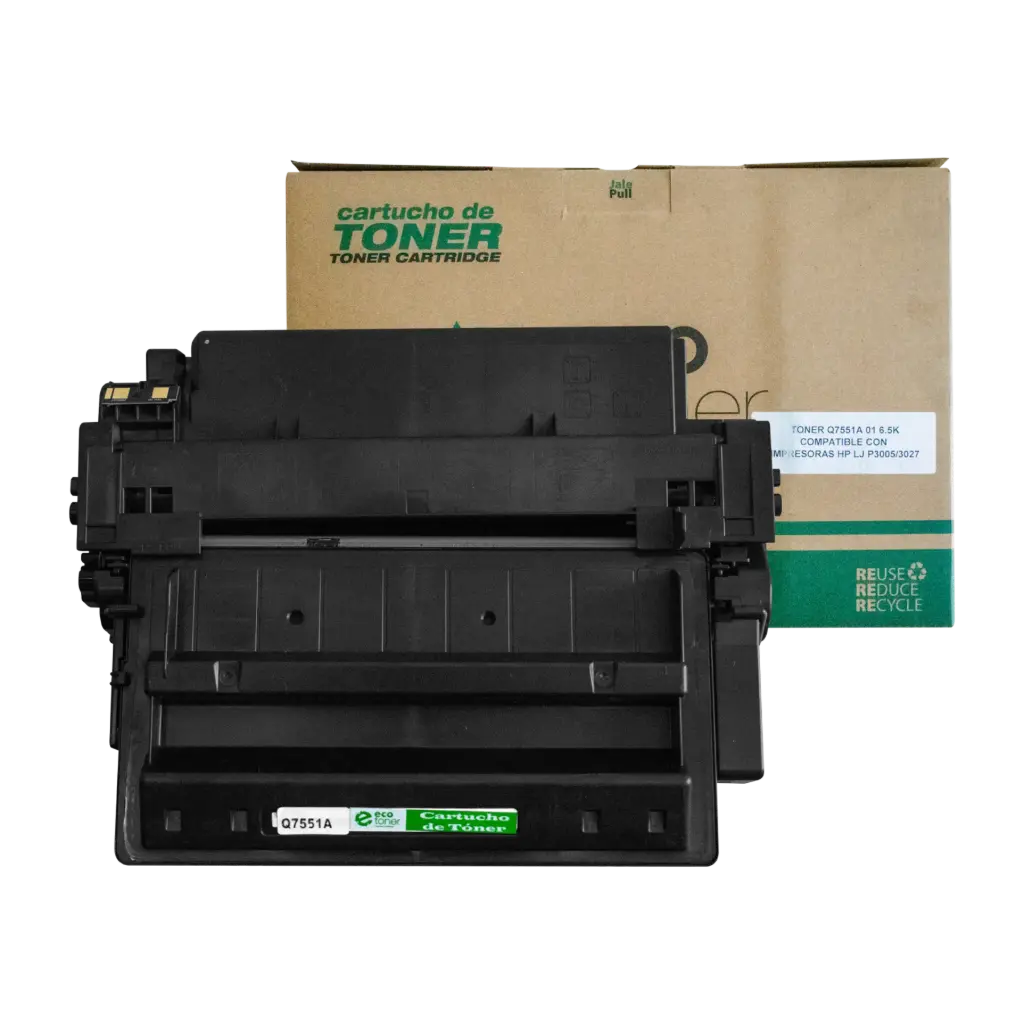 Cartucho de Tóner marca ECO-TONER para impresoras Hewlett Packard P3005, M3027MFP, M3035MFP, código Q7551A, Negro, Rendimiento para  6500 Págs.                